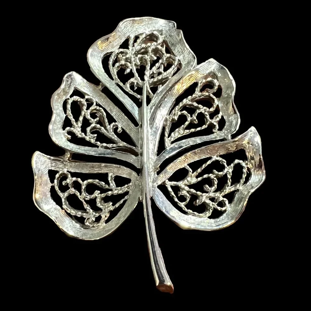 Monet Brooch Leave Brushed‎ Silver Tone Filigree Swirl Vintage Pin